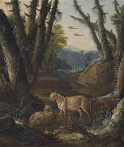 A Wooded Landscape With Zebras