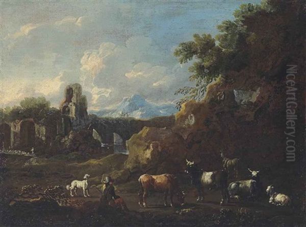 A Wooded Landscape With A Shepherd And His Flock, Ruins Beyond - view 1