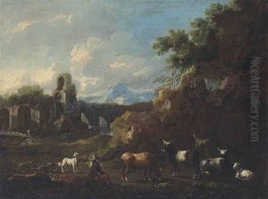 A Wooded Landscape With A Shepherd And His Flock, Ruins Beyond by Johann Melchior Roos