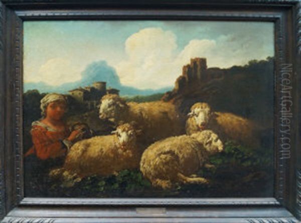 A Shepherdess And Sheep In A Mountain Landscape And Shepherd With His Dog And Sheep In A Mountain Landscape (pair) - view 1
