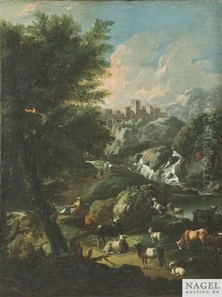 Italienische Landschaft Mit Burg Und Einer Viehherde Am Wasserfall - view 1