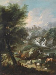 Campagnalandschaft Mit Hochgelegener Burg, Wasserfall Und Viehherde
