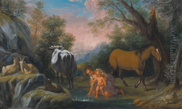 Bewaldete Landschaft Mit Einer Hirtin, Einem Kleinen Kind Und Tieren An Der Wasserstelle - view 1