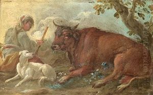 A Herder With His Dog And A Bull (+ Another; Pair) by Johann Melchior Roos
