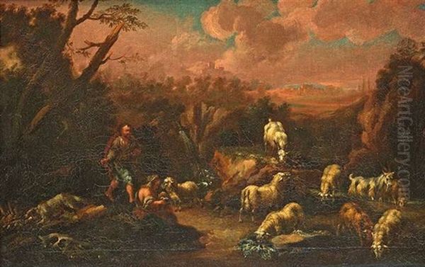Hirtenpaar Mit Schafen In Italienischer Landschaft - view 1