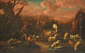 Hirtenpaar Mit Schafen In Italienischer Landschaft by Johann Melchior Roos