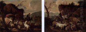 A Shepherdess On A Donkey And Her Herd Travelling (+ A Shepherd And His Wife With Their Herd Resting; Pair) by Johann Melchior Roos