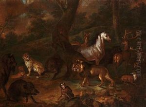 Stags, Hinds, A Horse, Lions, A Bear, A Cheetah, Wild Boar, A Monkey And A Bison In A Wooded Glade by Johann Melchior Roos
