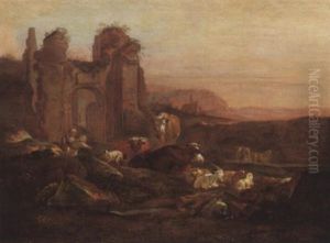 Hirtin Mit Ruhender Herde In Ruinenlandschaft Bei Dammerung