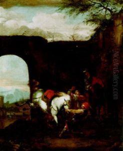 Farriers Restraining A Horse by Johann Melchior Roos