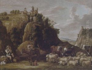 Un Pastore Ed Un Viandante Con Armenti, Ed Un Borgo In Lontananza by Johann Melchior Roos