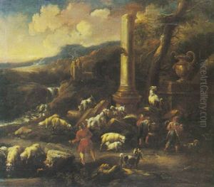 Italienische Landschaft Mit Ziegen, Schafen Und Hirten