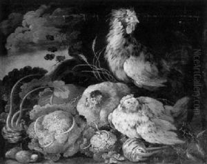 Huhner Mit Gemuse In Einer Landschaft by Johann Melchior Roos