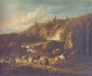 A Mountainous Landscape With A Drover And Cattle By A River A Mountainous Landscape With A Drover And Cattle By A River