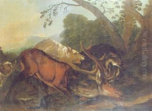 Hounds Attacking A Stag In An Italianate Landscape