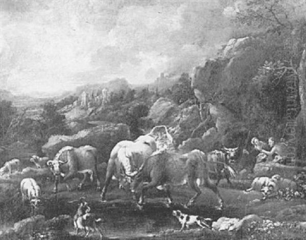 Mountainous Landscape With Two Figures And Various Animals - view 1