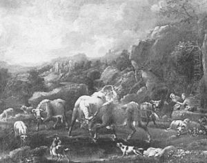 Mountainous Landscape With Two Figures And Various Animals by Johann Melchior Roos