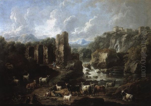 Mountainous Landscape With Cattle And Goats Resting Near A Waterfall - view 1