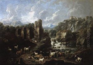 Mountainous Landscape With Cattle And Goats Resting Near A Waterfall by Johann Melchior Roos