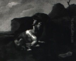 Ziegen Im Windschutz Eines Felsens by Johann Melchior Roos