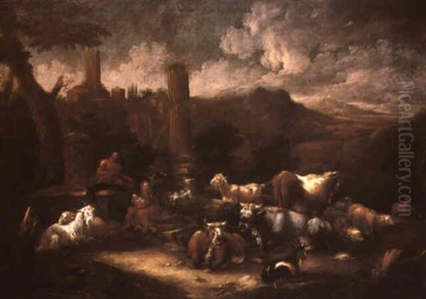 Cattle And Goats In Italianate Landscapes With Classical Ruins - view 1