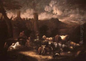 Cattle And Goats In Italianate Landscapes With    Classical Ruins by Johann Melchior Roos