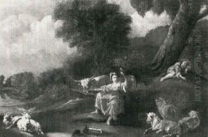 A Shepherdess With Her Flock And A Cow Resting On A Bank At The Edge Of A Wood, Her Companion Sleeping Nearby by Johann Melchior Roos