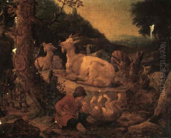 A Goat Herd Playing With His Dog While His Animals Rest Behind Him - view 1