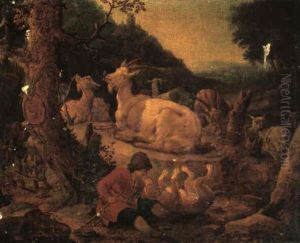 A Goat Herd Playing With His Dog While His Animals Rest Behind Him A Goat Herd Playing With His Dog While His Animals Rest Behind Him