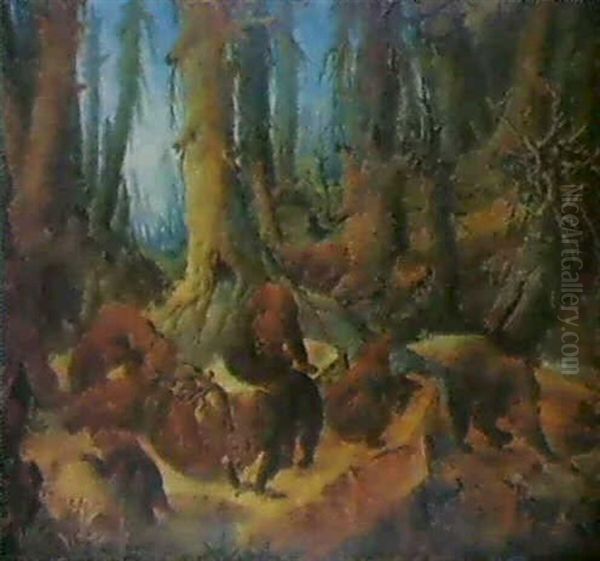 Bears Playing In A Pine Forest - view 1