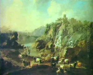 Figures With Cattle And Goats Beside A Lake In A Rocky      Italianate Landscape