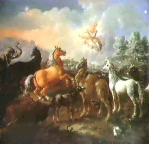 (2) The Garden Of Eden An The Naming Of The Animals - The Animals Entering The Ark Two By Two by Johann Melchior Roos