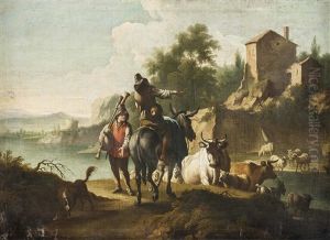 Begegnung Von Jungem Sackpfeifenblaser Und Hirte Mit Herde In Flusslandschaft by Joseph Roos