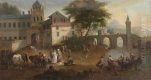 A Market Scene With A Gentleman In Turkish Dress And His Wife Buying Fish, With A Town Beyond
