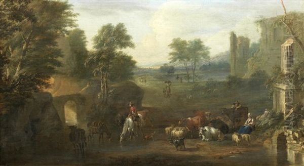 Drovers With Their Flocks Before An Extensive River Landscape - view 1