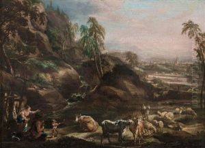 Felsen Mit Wasserfall Und Weitem Landschaftsausblick Mit Hirtenfamilie Sowie Einer Herde Von Rindern Und Schafen