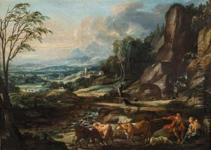 Felsen Mit Bach Und Brucke, Weitem Landschaftsausblick Mit Hirtenfamilie Sowie Rinder- Und Schafherde