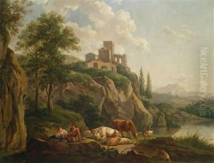 Sudliche Landschaft Mit Hirten Am Wasser Und Hochgelegener Burg