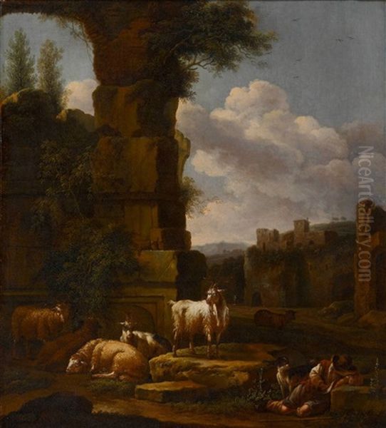 Ruhender Hirte Mit Ziegen Und Schafen - view 1