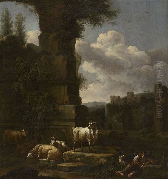 Italienische Landschaft Mit Schlafendem Hirten Und Herde - view 1