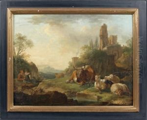 Couple De Patres Et Leurs Animaux Dans Un Paysage Surmonte De Ruines