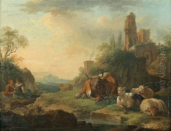 Couple De Patres Et Leurs Animaux Dans Un Paysage Surmonte De Ruines - view 1