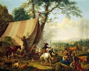 Soldaten, Bauern Und Hirten, Vor Einem Marketenderzelt In Einer Weiten Landschaft, Im Hintergrund Ein Dorf by Joseph Roos