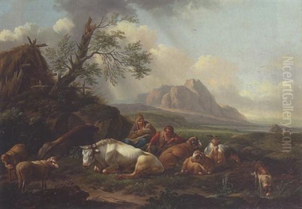 Lagernde Hirtenfamilie Mit Vieh Nahe Einer Strohgedeckten Hutte In Weiter Gebirgslandschaft - view 1