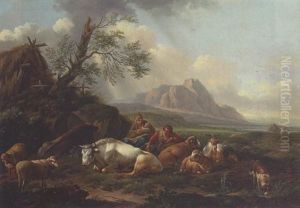 Lagernde Hirtenfamilie Mit Vieh Nahe Einer Strohgedeckten Hutte In Weiter Gebirgslandschaft Lagernde Hirtenfamilie Mit Vieh Nahe Einer Strohgedeckten Hutte In Weiter Gebirgslandschaft