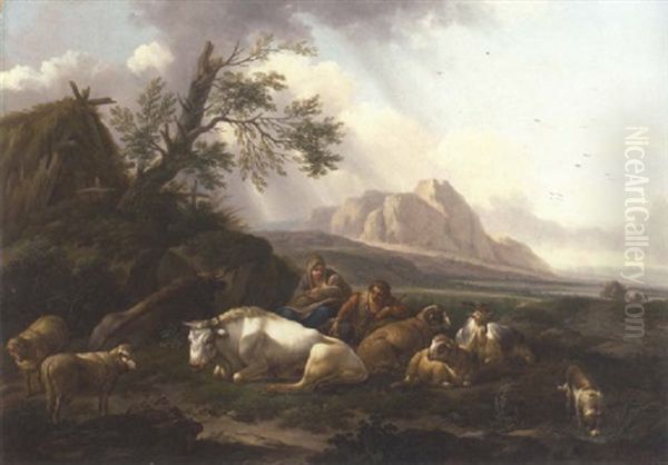 A Shepherd And His Family With Their Livestock Resting By A Cottage In A Rocky Landscape - view 1