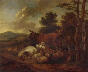 A Landscape With A Herder And His Dog Tending To His Animals A Landscape With A Herder And His Dog Tending To His Animals