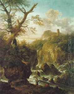 Gebirgslandschaft Mit Einem Wasserfall Und Rastenden, Im Hintergrund Eine Turmruine by Joseph Roos
