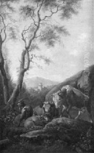 Ruhende Kuh- Und Ziegenherde In Weiter Gebirgslandschaft by Joseph Roos