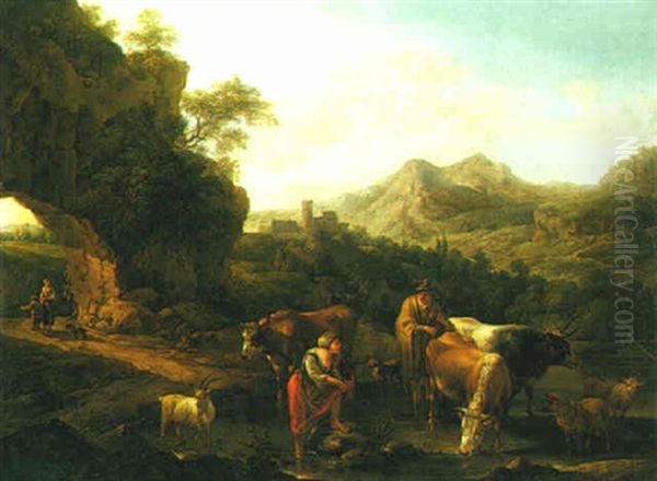 A Shepherd And Shepherdess With Their Flock At A Pool - view 1